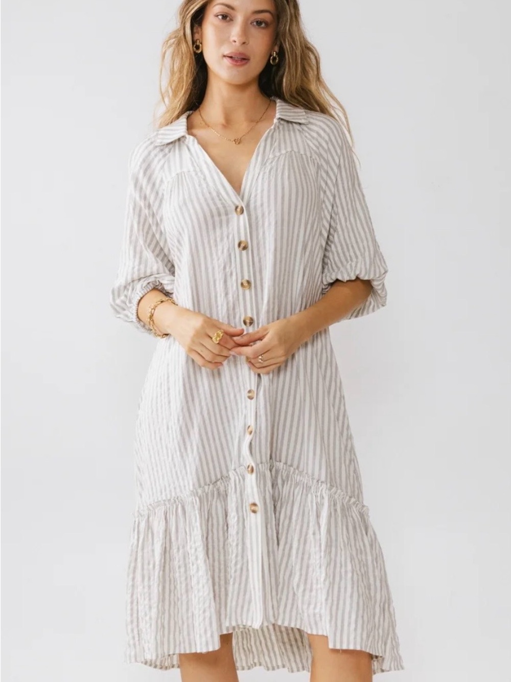 Theo bohme Striped midi Button-Front High-Low Midi Dress in Light Gray and White